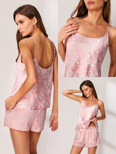 LUVLETTE بيجامة صيفية خفيفة الوزن من الساتان الوردي - توب بحمالات رفيعة وشورت بنمط زهري قابل للتنفس ملابس منزلية مثيرة للمنحنيات