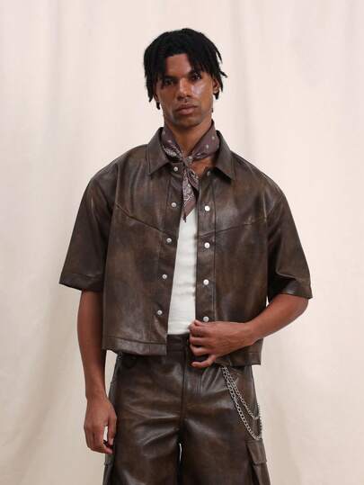 SUMWON ملابس علوية كاجوال بأكمام قصيرة من الجلد الصناعي البني بأزرار، بياقة غربية كلاسيكية، بتصميم عادي مناسب للربيع والصيف