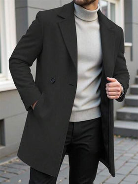Manfinity Homme معطف طويل الأكمام بجيب وأزرار أمامية بلون واحد للرجال، معطف خريفي للخروج، هدايا للأصدقاء والأزواج والأحباء، معطف رجالي مزدوج الصدر كاجوال للملابس الخارجية للشتاء