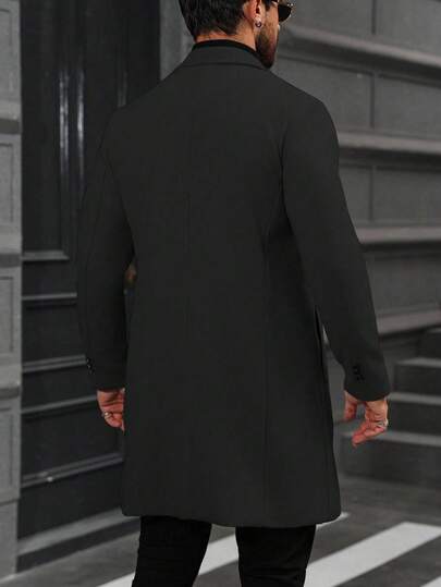 Manfinity Homme معطف طويل الأكمام بجيب وأزرار أمامية بلون واحد للرجال، معطف خريفي للخروج، هدايا للأصدقاء والأزواج والأحباء، معطف رجالي مزدوج الصدر كاجوال للملابس الخارجية للشتاء
