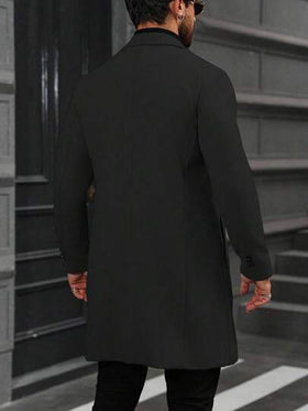 Manfinity Homme معطف طويل الأكمام بجيب وأزرار أمامية بلون واحد للرجال، معطف خريفي للخروج، هدايا للأصدقاء والأزواج والأحباء، معطف رجالي مزدوج الصدر كاجوال للملابس الخارجية للشتاء