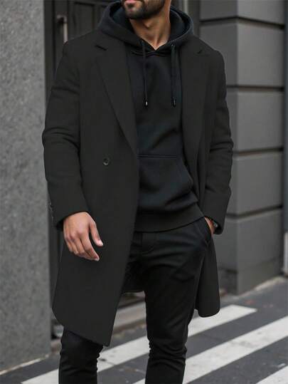 Manfinity Homme معطف طويل الأكمام بجيب وأزرار أمامية بلون واحد للرجال، معطف خريفي للخروج، هدايا للأصدقاء والأزواج والأحباء، معطف رجالي مزدوج الصدر كاجوال للملابس الخارجية للشتاء