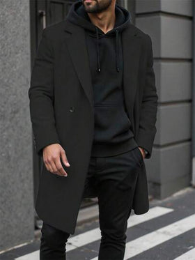 Manfinity Homme معطف طويل الأكمام بجيب وأزرار أمامية بلون واحد للرجال، معطف خريفي للخروج، هدايا للأصدقاء والأزواج والأحباء، معطف رجالي مزدوج الصدر كاجوال للملابس الخارجية للشتاء