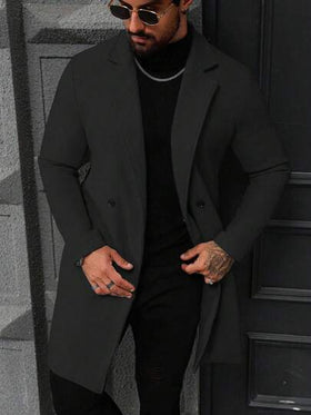 Manfinity Homme معطف طويل الأكمام بجيب وأزرار أمامية بلون واحد للرجال، معطف خريفي للخروج، هدايا للأصدقاء والأزواج والأحباء، معطف رجالي مزدوج الصدر كاجوال للملابس الخارجية للشتاء