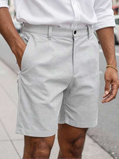 Manfinity CasualCool شورت رجالي كاجوال بجيب مائل، شورت رسمي للأعمال، فضفاض، طول الركبة، بارد، لون أحادي، طراز صيفي أساسي