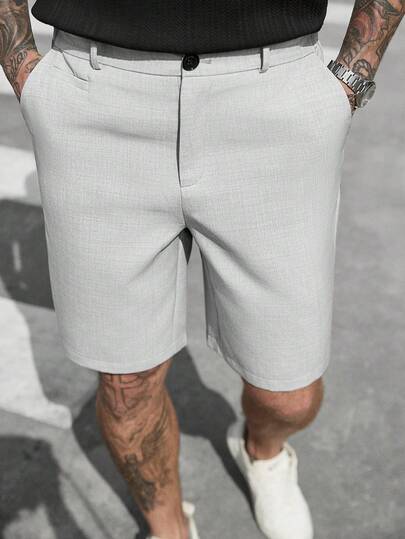 Manfinity CasualCool شورت رجالي كاجوال بجيب مائل، شورت رسمي للأعمال، فضفاض، طول الركبة، بارد، لون أحادي، طراز صيفي أساسي