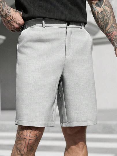 Manfinity CasualCool شورت رجالي كاجوال بجيب مائل، شورت رسمي للأعمال، فضفاض، طول الركبة، بارد، لون أحادي، طراز صيفي أساسي