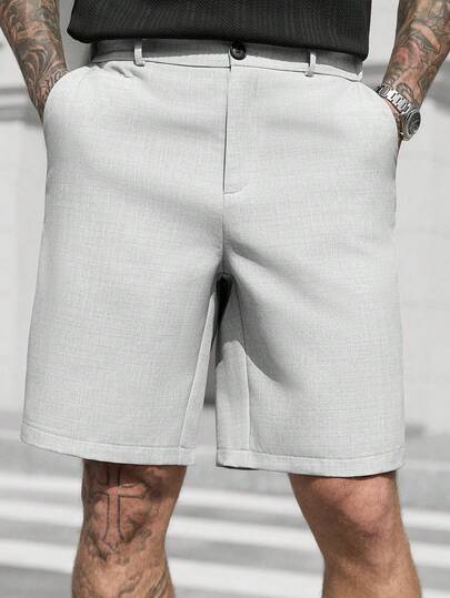 Manfinity CasualCool شورت رجالي كاجوال بجيب مائل، شورت رسمي للأعمال، فضفاض، طول الركبة، بارد، لون أحادي، طراز صيفي أساسي