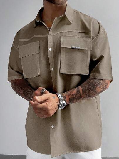 قميص بيضاء عملي بطراز قديم للرجال، مع جيوب ثلاثية الأبعاد، أكمام قصيرة وياقة فضفاضة، مناسب للعطلات والأنشطة الخارجية والاستخدام اليومي، هدية عيد الأب