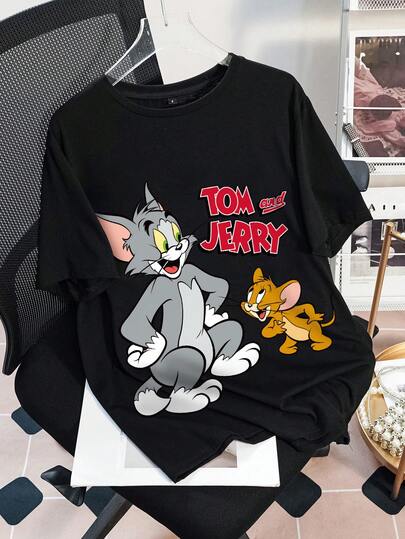 TOM & JERRY X SHEIN تي شيرت نسائي بياقة دائرية فضفاضة وأكمام قصيرة بطبعات حرفية وكرتونية عادية، موديل صيفي جديد لعام 2025