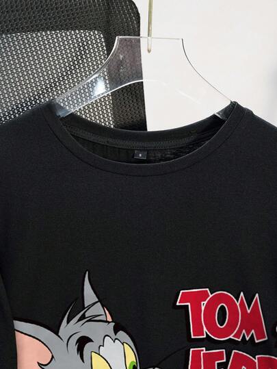 TOM & JERRY X SHEIN تي شيرت نسائي بياقة دائرية فضفاضة وأكمام قصيرة بطبعات حرفية وكرتونية عادية، موديل صيفي جديد لعام 2025