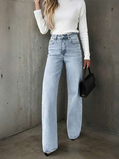 بنطلون جينز مستقيم للنساء بجيوب مناسب للاستخدام اليومي، موسم الربيع