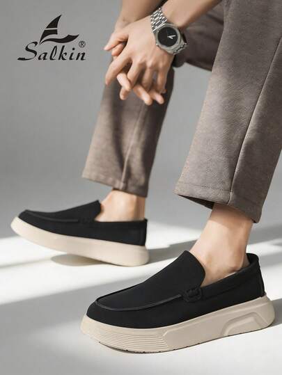 Salkin أحذية رجالية مصممة من الجلد الأحمر، أحذية كاجوال سهلة الارتداء، أحذية مرتفعة السُمك، جلد أحمر مدبوغ، أحذية رسمية ذات لون أحمر ثابت، شعور بالجودة العالية بسعر معقول، أصبع دائري، قاعدة مطاطية، مناسبة للارتداء اليومي، المواعدة، الخارج، الحفلات، الأعيا