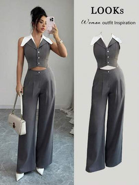 SHEIN Elenzya بدلة نسائية أنيقة بدون أكمام وبنطال بجيوب منسدلة قطعتين، صيفية
