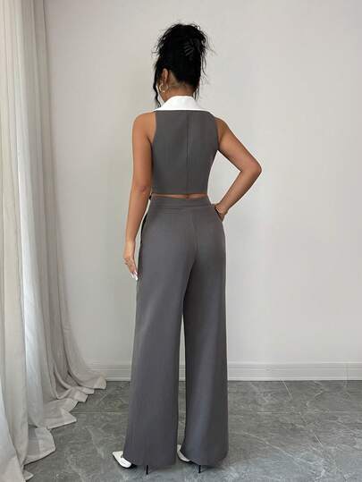 SHEIN Elenzya بدلة نسائية أنيقة بدون أكمام وبنطال بجيوب منسدلة قطعتين، صيفية