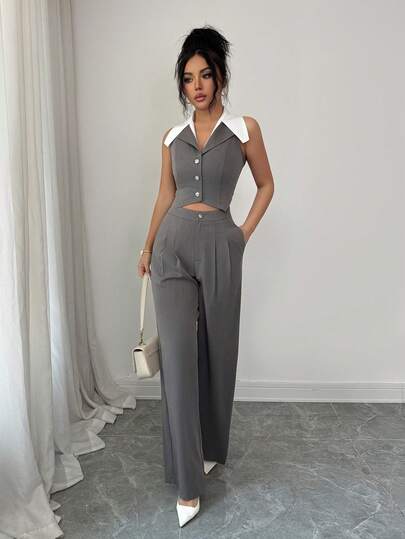 SHEIN Elenzya بدلة نسائية أنيقة بدون أكمام وبنطال بجيوب منسدلة قطعتين، صيفية