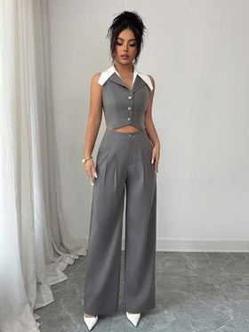 SHEIN Elenzya بدلة نسائية أنيقة بدون أكمام وبنطال بجيوب منسدلة قطعتين، صيفية