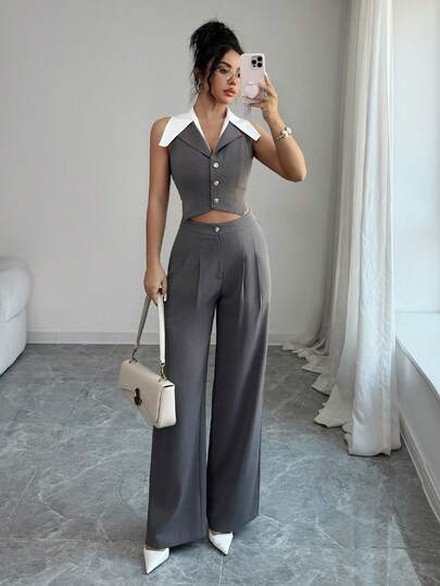SHEIN Elenzya بدلة نسائية أنيقة بدون أكمام وبنطال بجيوب منسدلة قطعتين، صيفية