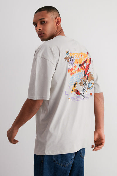 تي شيرت رمادي كبير الحجم مطبوع عليه مساحة - 100% توكسا TMNSS24TS00085