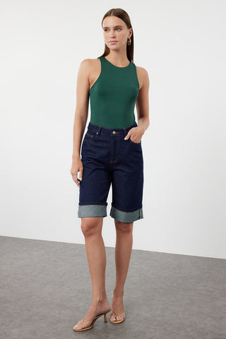 جسم محبوك بياقة رسن مرنة بلون بترولي - TWOSS20BD0044