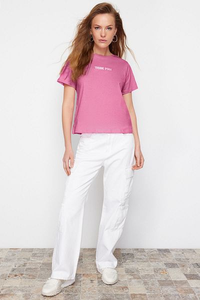 تي شيرت وردي 100% قطن مطرز بشعار مريح/قصة مريحة محبوك TWOSS24TS00177