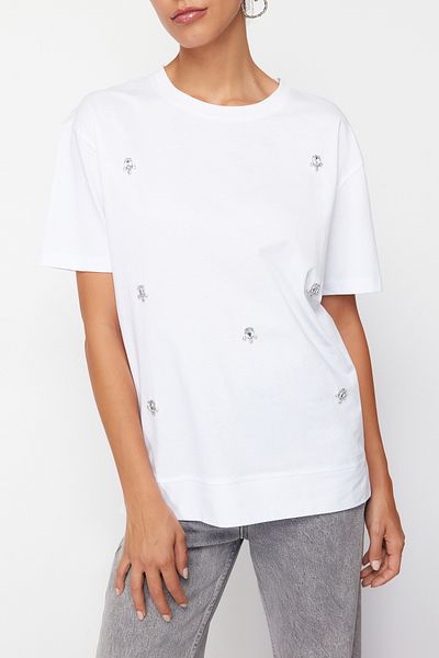 تي شيرت محبوك عادي بتفاصيل حجر أبيض TEDSS24TS00025