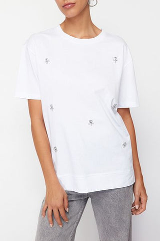 تي شيرت محبوك عادي بتفاصيل حجر أبيض TEDSS24TS00025