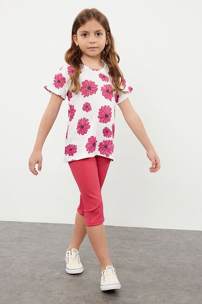 طقم بناتي محبوك منقوش بالزهور الوردية - TKDSS24AU00031