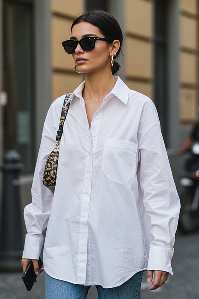 قميص أبيض منسوج من القطن بجيب واحد/قميص واسع مقاس TWOAW20GO0115