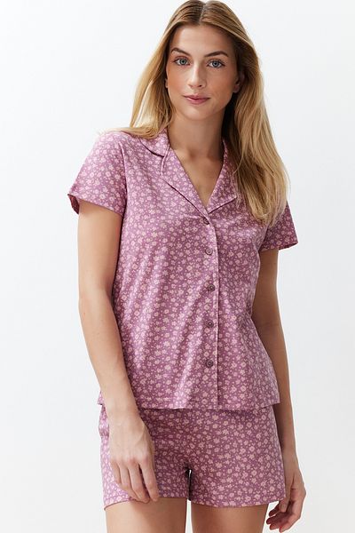 طقم بيجامة قطن بنقشة زهور وردية مغبرة - THMSS24PT00201