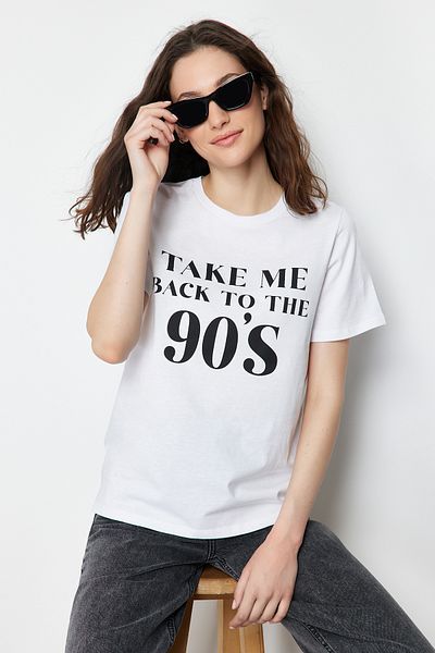 تي شيرت أبيض 100% قطن ممتاز برقبة دائرية ومطبوع بقصة عادية/عادية TWOSS24TS00078