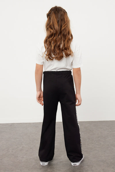 طماق سوداء واسعة الساق للفتيات - مطرزة بالترتر، محبوكة من القطن TKDSS24TA00006