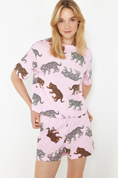 طقم بيجامة نسائي محبوك متعدد الألوان 100% قطن بنمط النمر مع شورت THMSS24PT00078