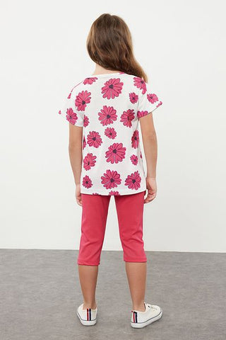 طقم بناتي محبوك منقوش بالزهور الوردية - TKDSS24AU00031