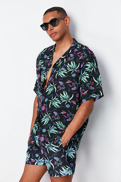 قميص فيسكوز منقوش بنفسجي كبير الحجم - كم قصير، صيفي فضفاض، TMNSS24GO00053