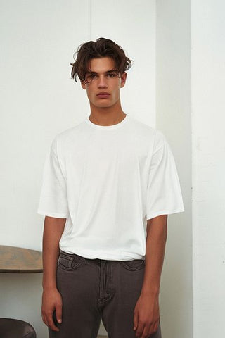 تي شيرت أبيض كبير الحجم برقبة دائرية للرجال - كم قصير، TMNSS21TS0811