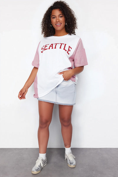 تي شيرت قطني مطبوع مخطط باللون الأحمر كبير الحجم - TBBSS24BF00017