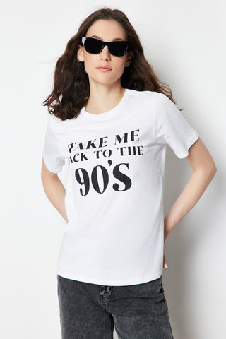 تي شيرت أبيض 100% قطن ممتاز برقبة دائرية ومطبوع بقصة عادية/عادية TWOSS24TS00078