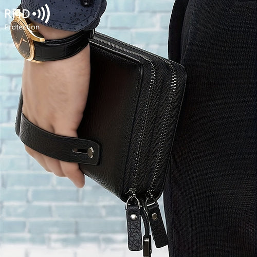 محفظة رجالية بحماية RFID - أنيقة بطبقة مزدوجة من!جلد صناعي مع حزام معصم، سعة كبيرة، سوداء، حامل بطاقات العمل والمنظم، محفظة حامل البطاقات