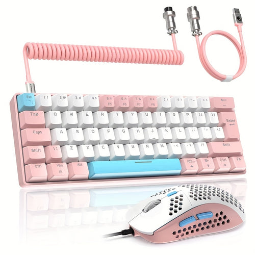 LexonElec T60PRO 60% لوحة مفاتيح وماوس ميكانيكية مدمجة للألعاب مع كابل USB-C ملفوف، لوحة مفاتيح بإضاءة خلفية RGB LED (مفاتيح زرقاء)، ماوس RGB قابل للبرمجة بدقة 6400 نقطة في البوصة، واجهة Type-C مضادة للخنق للاعبين على أجهزة PC & Mac