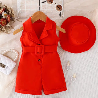 2024 صيف boutique infant بنات clothing بدون أكمام solid color lapel v neck belt bodysuit hat 2pcs baby جمبسوت