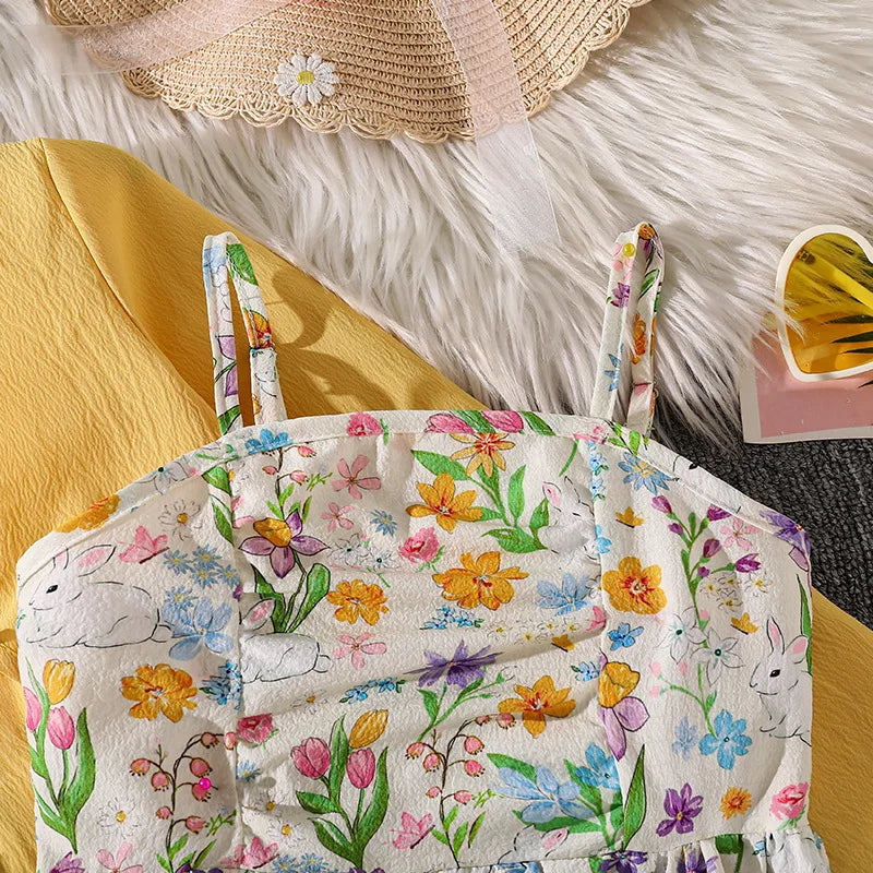 موضة 2025 خريف بنات clothing طقم cross-border بدلة floral pastoral ستايل أكمام طويلة أميرة جيب condole belt