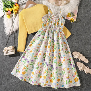 موضة 2025 خريف بنات clothing طقم cross-border بدلة floral pastoral ستايل أكمام طويلة أميرة جيب condole belt