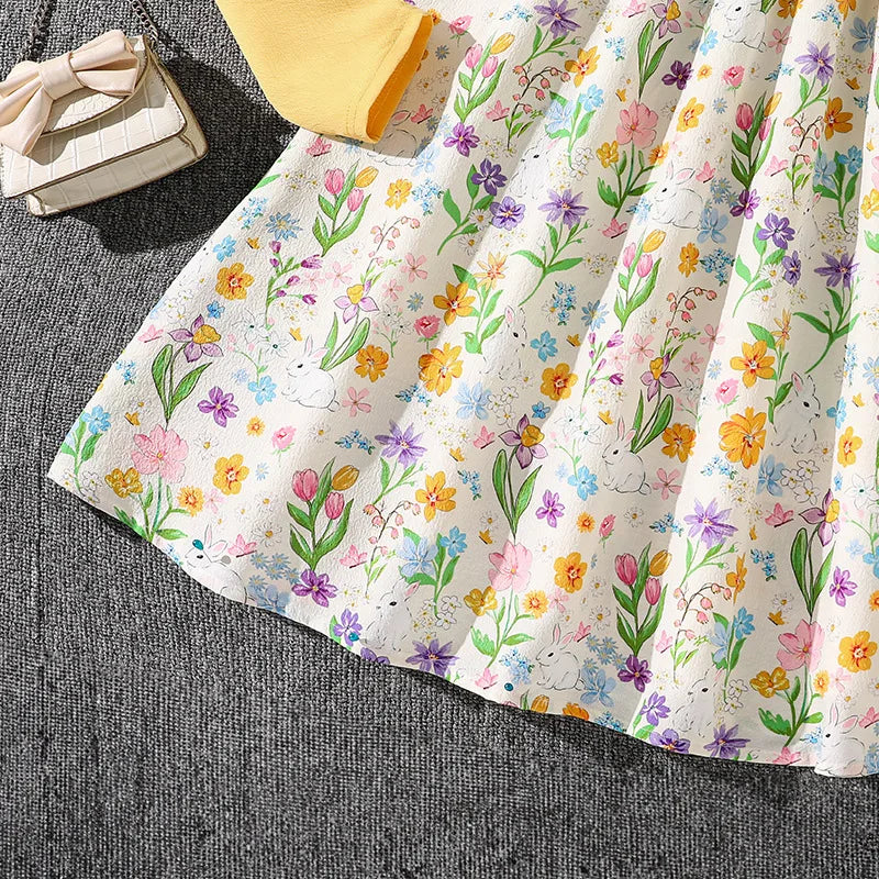 موضة 2025 خريف بنات clothing طقم cross-border بدلة floral pastoral ستايل أكمام طويلة أميرة جيب condole belt