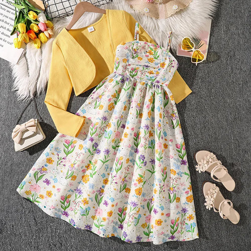 موضة 2025 خريف بنات clothing طقم cross-border بدلة floral pastoral ستايل أكمام طويلة أميرة جيب condole belt