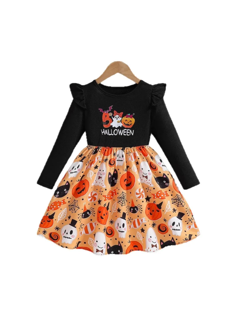 موضة 2025 خريف بنات' fashion foreign ستايل فستان كم كشكش bow stitching أكمام طويلة children's فستان