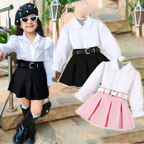موضة 2025 خريف جديد بنات كاجوال three-piece طقم solid color بليسيه جيب belt أكمام طويلة shirt lapel