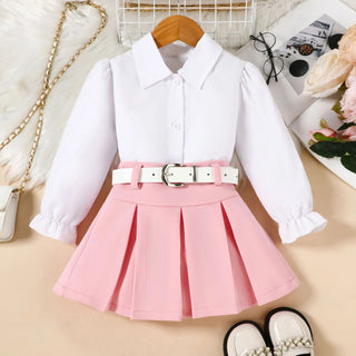 موضة 2025 خريف جديد بنات كاجوال three-piece طقم solid color بليسيه جيب belt أكمام طويلة shirt lapel