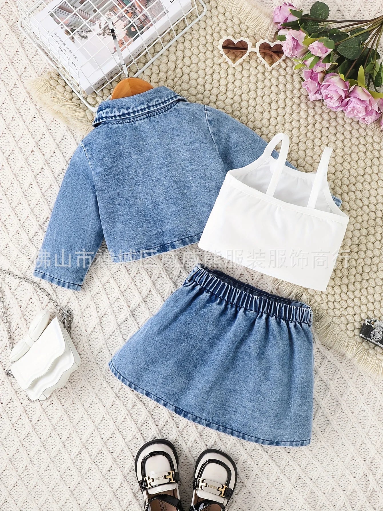 موضة 2025 خريف جديد بنات three-piece طقم دينم outer بدلة with ruffled فيست and جيب fashionable foreign ستايل coat
