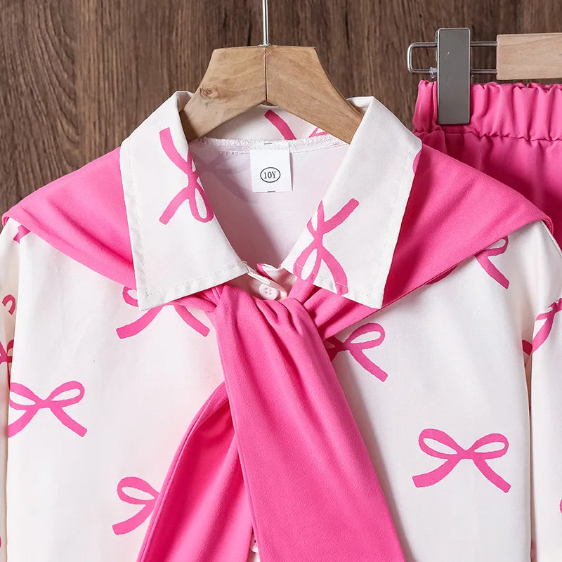 موضة 2025 خريف جديد ins بنت's cross-border children's wear طقم أكمام طويلة shirt with removable bow shawl and pants